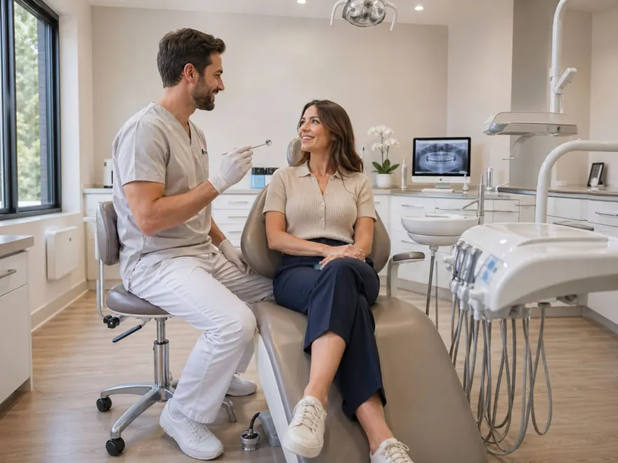 Dentist speaking with a patient in a modern dental office during a consultation